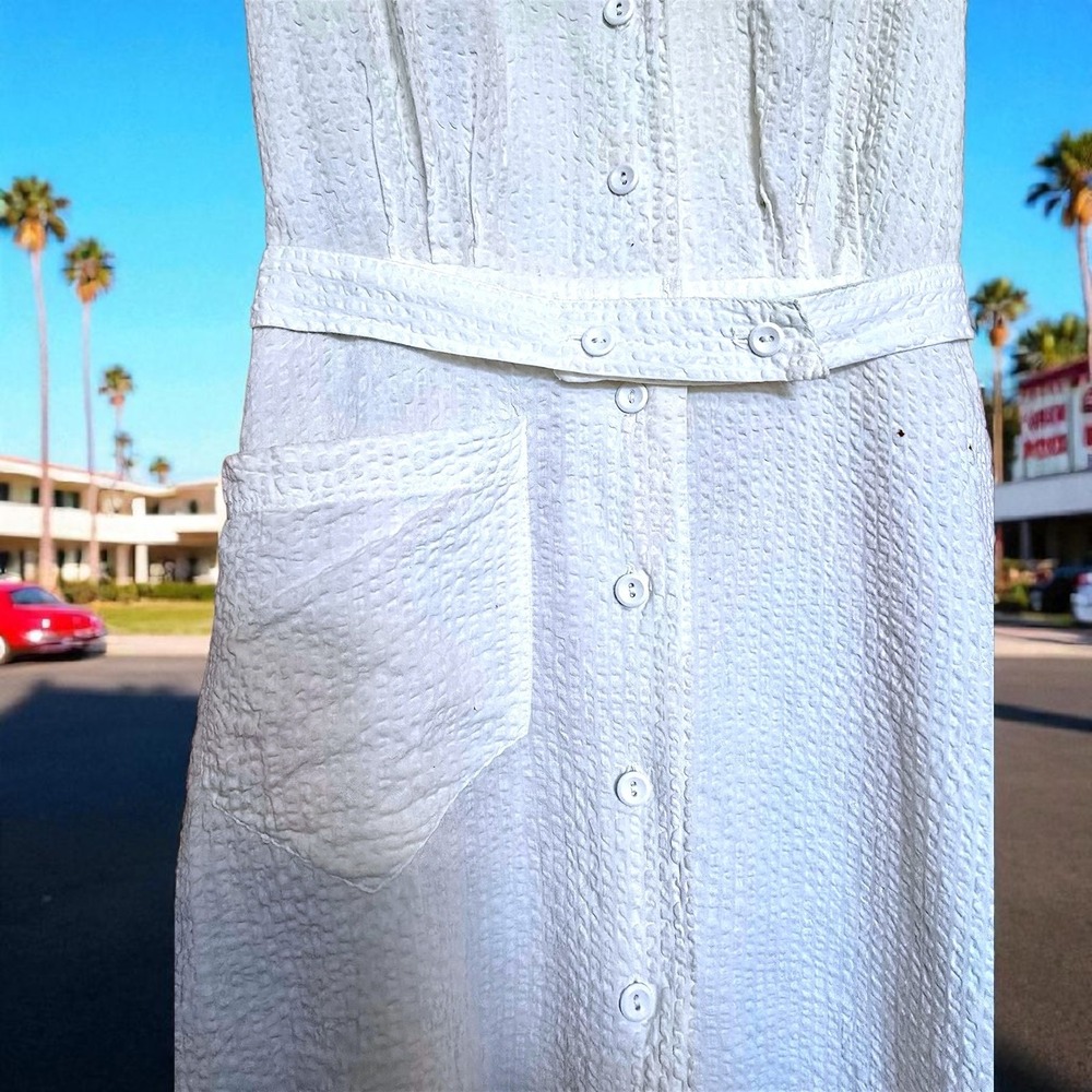 Vintage 1940s Wayne Maids White Seersucker Uniform Dress Belted Button Front 40 - Picture 12 of 16